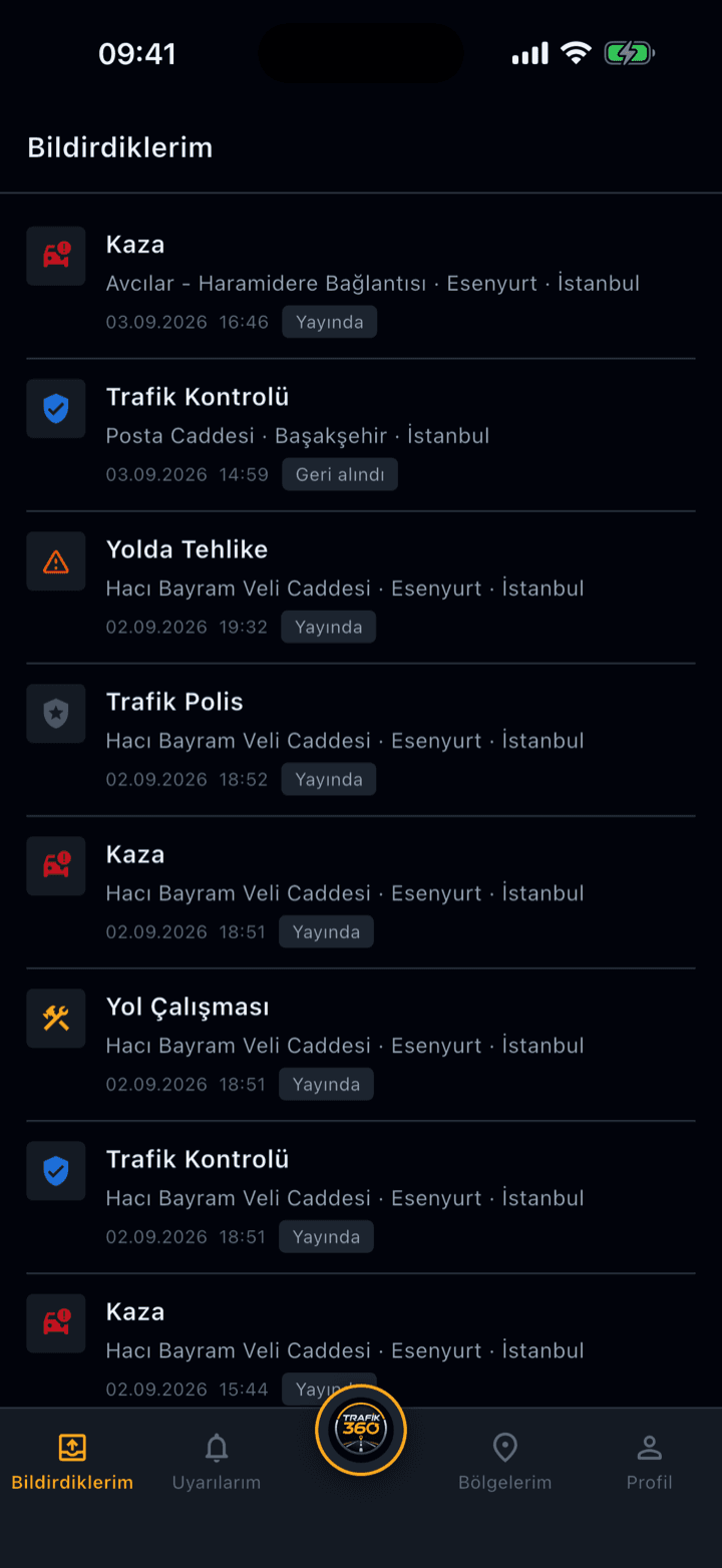 Bildirdiklerim listesi: kullanıcının yaptığı ihbarlar ve durumları