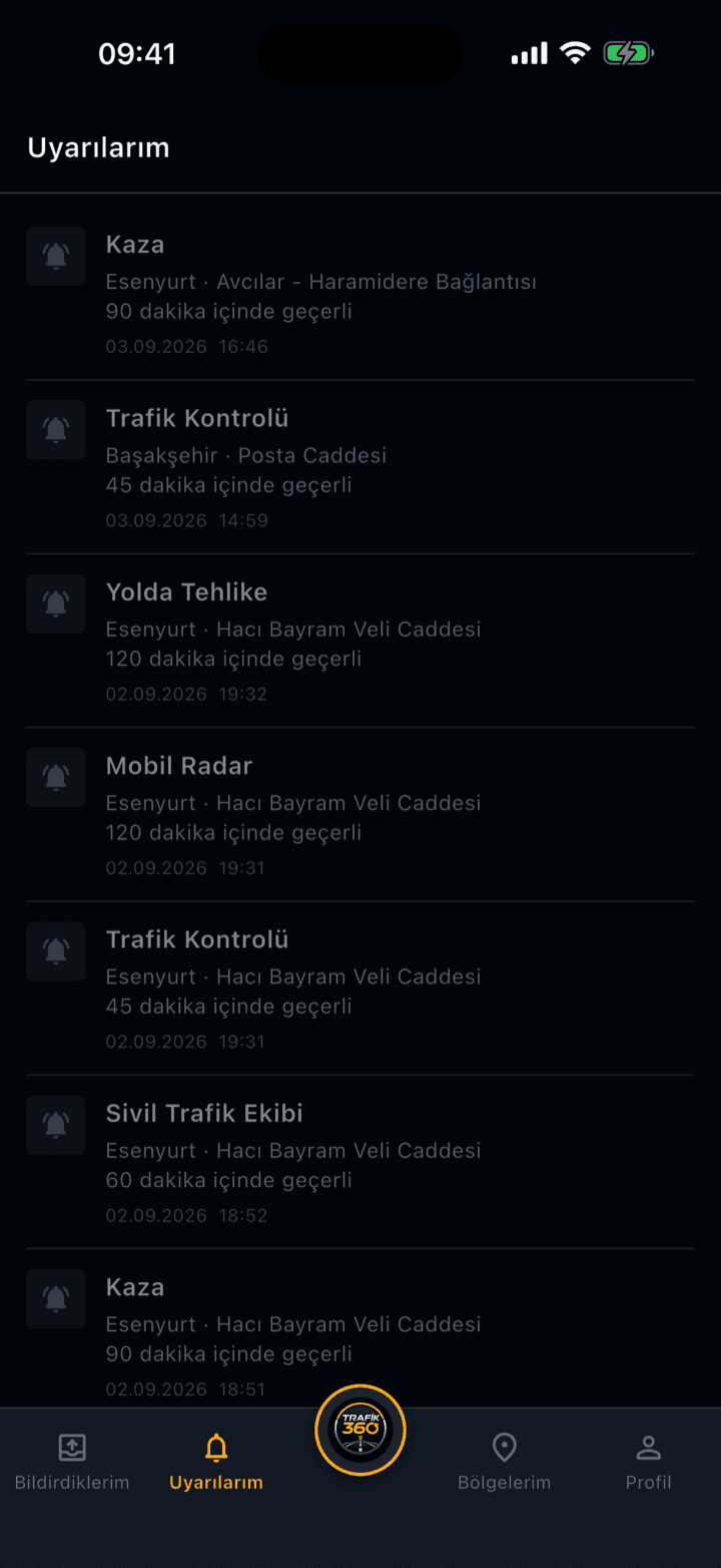 Uyarılarım listesi: yakındaki trafik kontrolü, yolda tehlike ve kaza bildirimleri